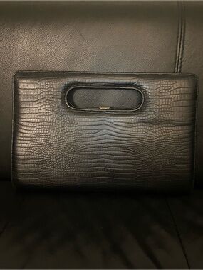 Black Croc-Embossed Clutch Purse with Cutout Handle
